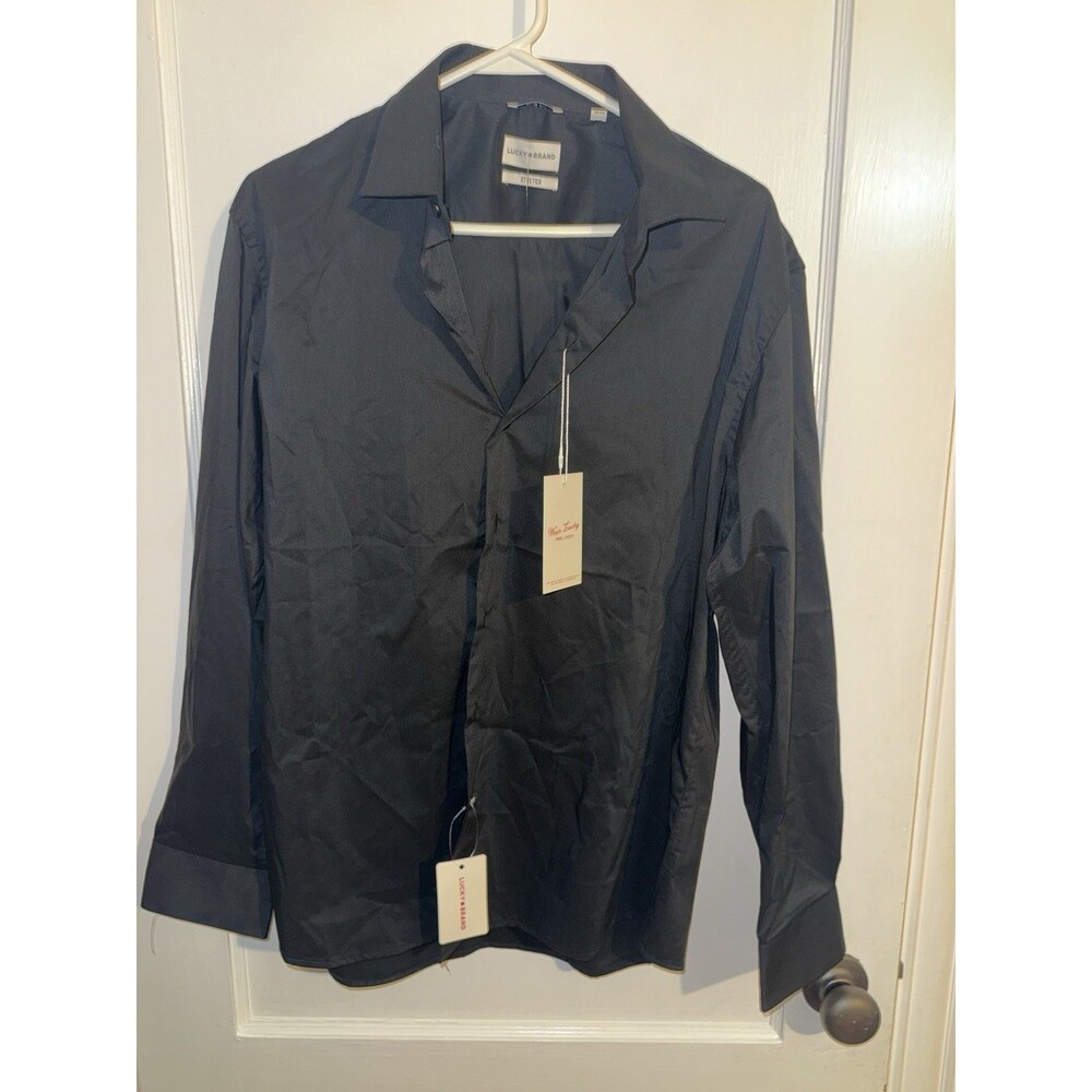 NWT Lucky Brand Mens L 16/16.5 32/33 Slim Fit Stretch Black Button Down Shirt